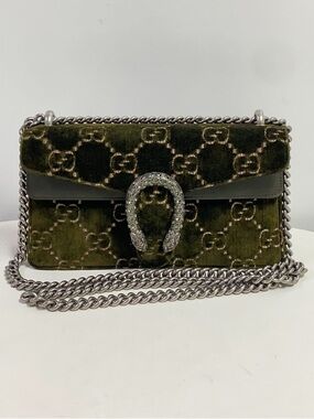 Gucci Dark Olive Velvet Dionysus Chain Crossbody Bag